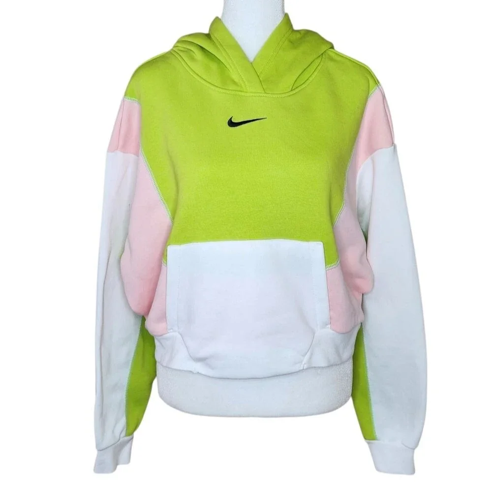Nike Retro Lime Pink Quirky Colorblock Fleece Oversized Cropped Hoodie Medium
